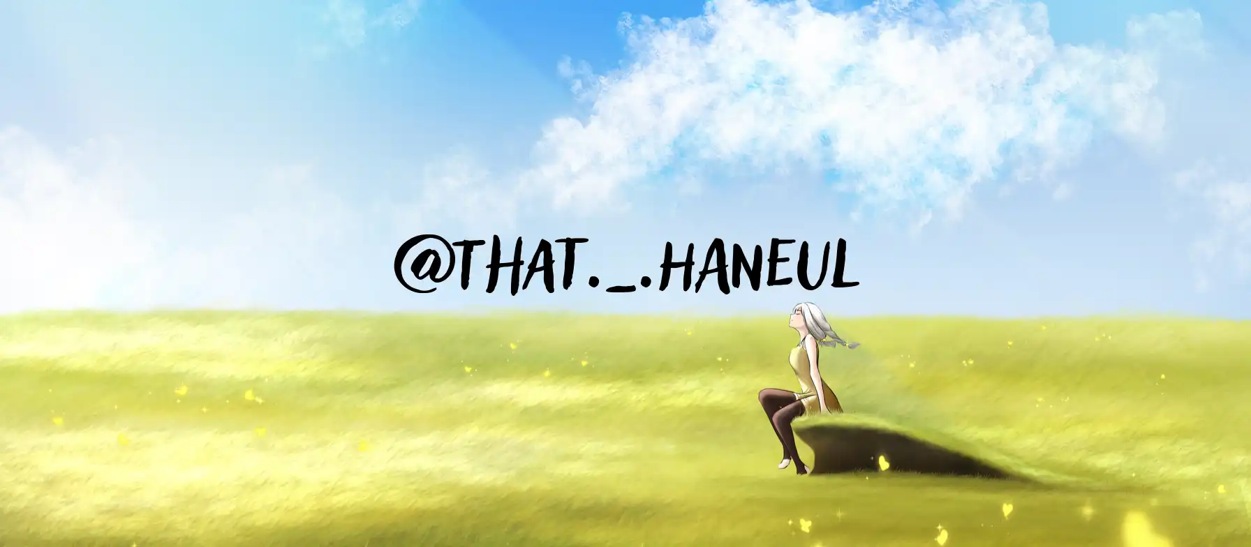 Screenshot of an anime styled artwork banner. Grass dominates the bottom of the screen. On the right thirds line there is an girl sitting on a rock looking at the sunshine. Top half of the image is filled by a blue sky which has a few clouds.