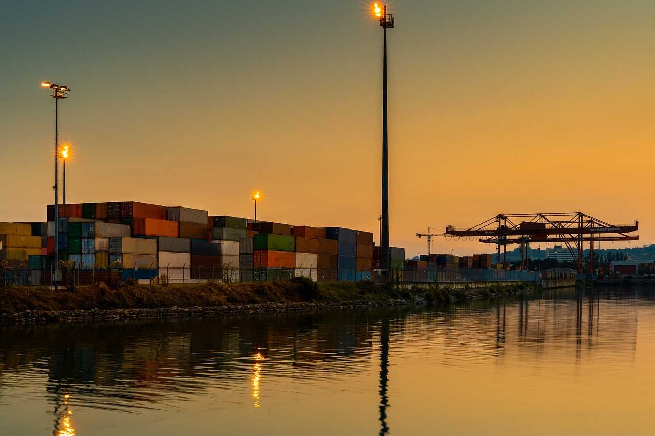 Sunset over a container port
