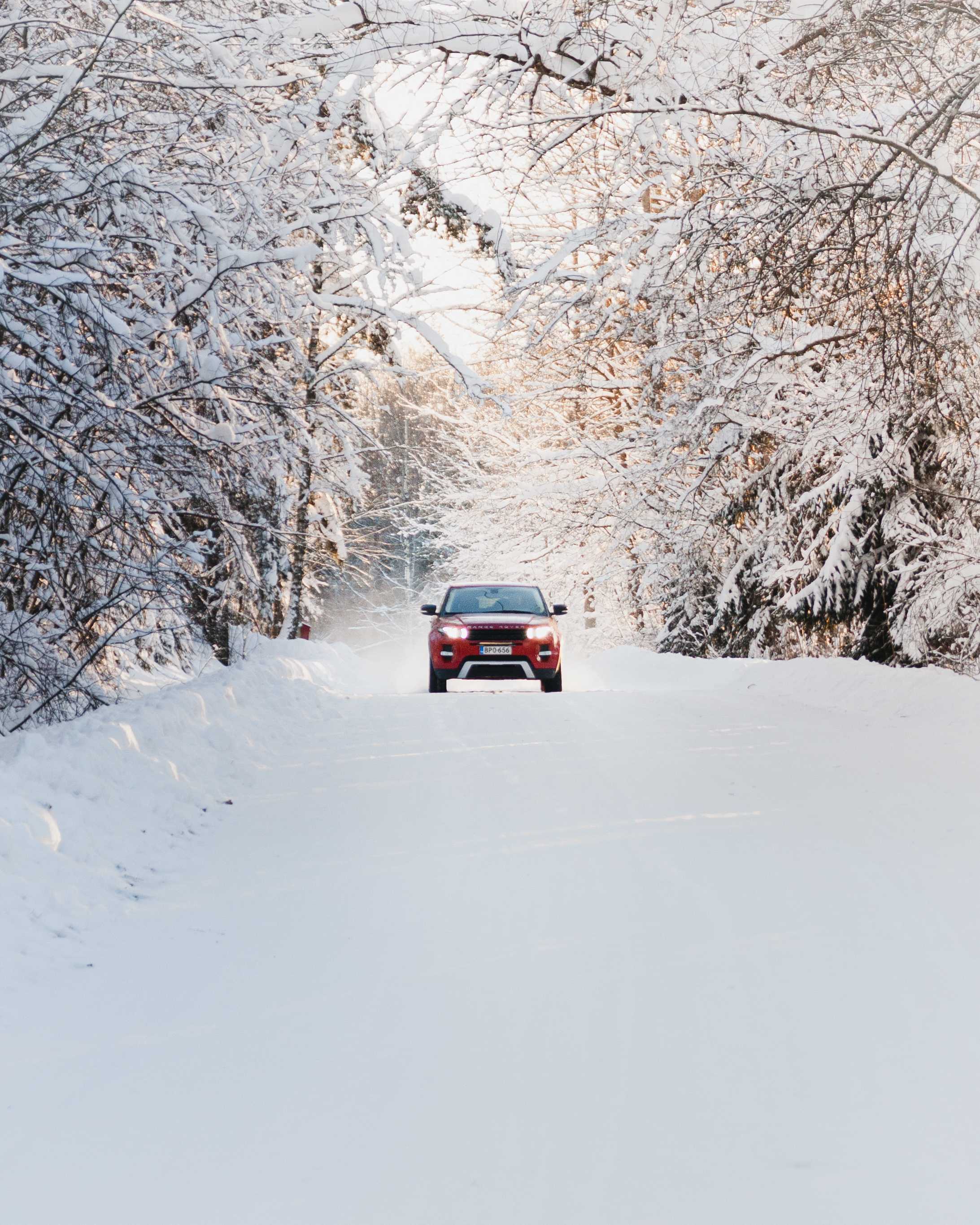 A wintery snow covered road with snowy trees on either side. In the middle of the image there is a red car driving towards the camera.