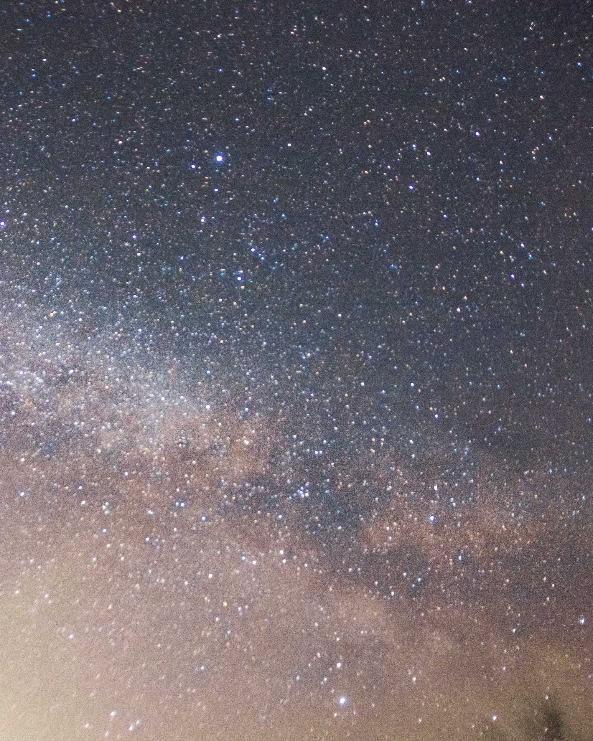 Milky way galaxy running through the bottom third of the image with starry sky above. A treetop is barely visible at the bottom-right of the image.